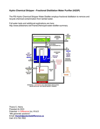 Hydro Chemical Stripper - Fractional Distillation Water Purifier (H2OP)
The PDi Hydro Chemical Stripper Water Distiller employs fractional distillation to remove and
recycle chemical contamination from tainted water.
Full water tests and additional explinations are here:
http://www.slideshare.net/ThaneCHeins/pdi-water-distiller-summary
Thane C. Heins
President & CEO
Potential +/- Difference Inc. R & D
"We generate solutions"
Email: thaneh@potentialdifference.ca
Cell: 613.795.1602
 