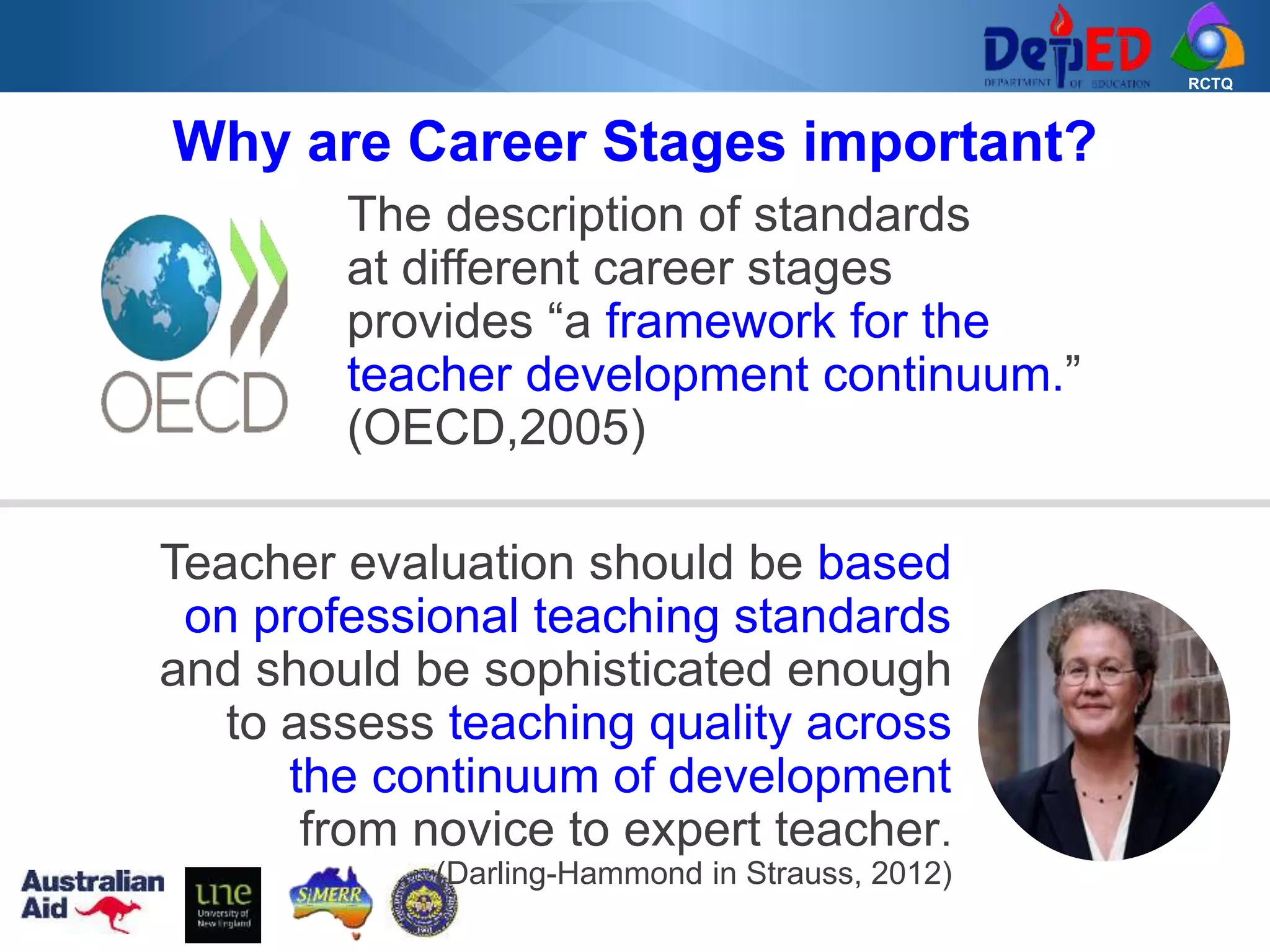 RCTQ
Why are Career Stages important?
The description of standards
at different career stages
provides “a framework for the
teacher development continuum.”
(OECD,2005)
Teacher evaluation should be based
on professional teaching standards
and should be sophisticated enough
to assess teaching quality across
the continuum of development
from novice to expert teacher.
(Darling-Hammond in Strauss, 2012)
 