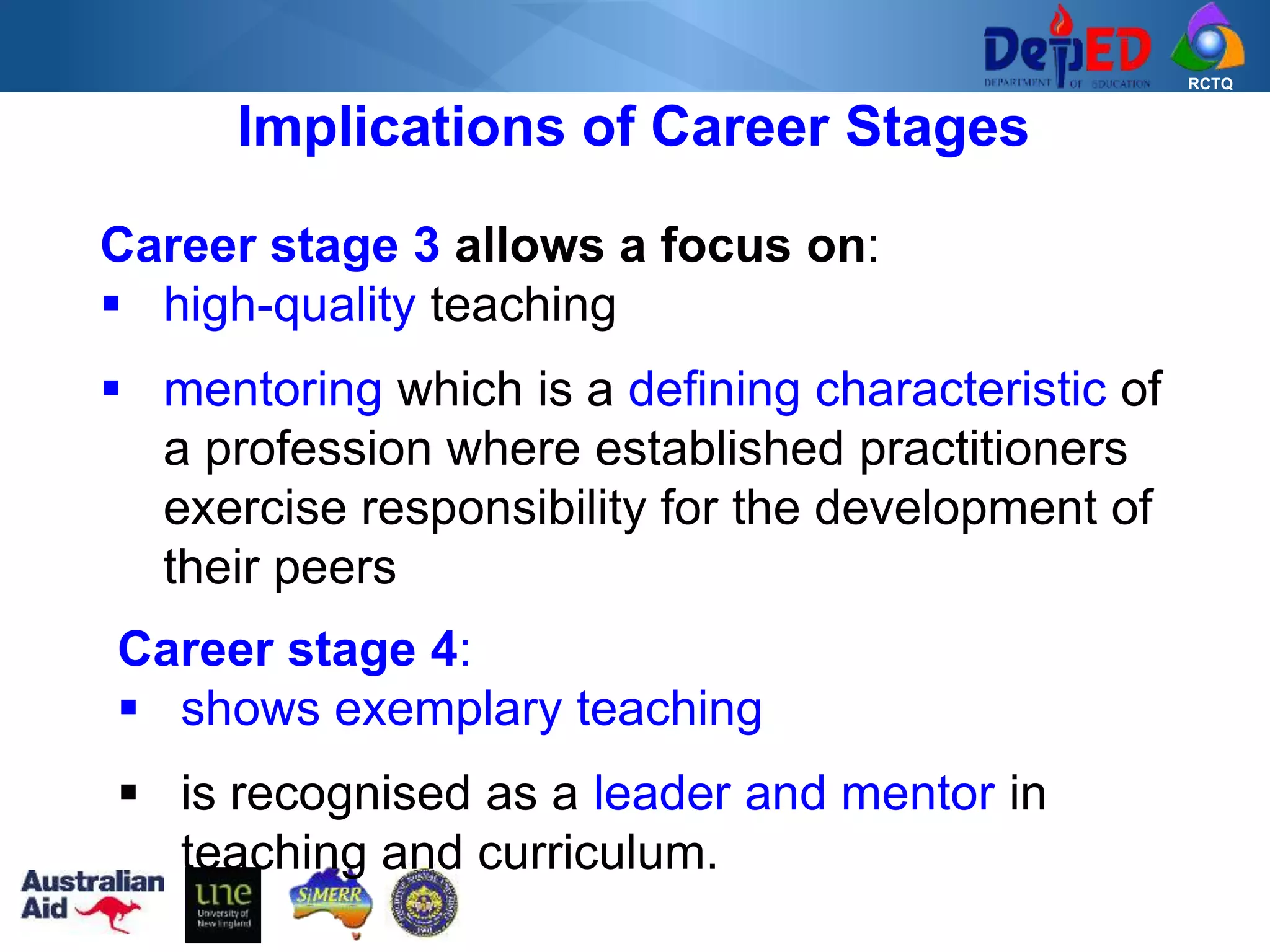 RCTQ
Career stage 3 allows a focus on:
 high-quality teaching
 mentoring which is a defining characteristic of
a profession where established practitioners
exercise responsibility for the development of
their peers
Implications of Career Stages
Career stage 4:
 shows exemplary teaching
 is recognised as a leader and mentor in
teaching and curriculum.
 