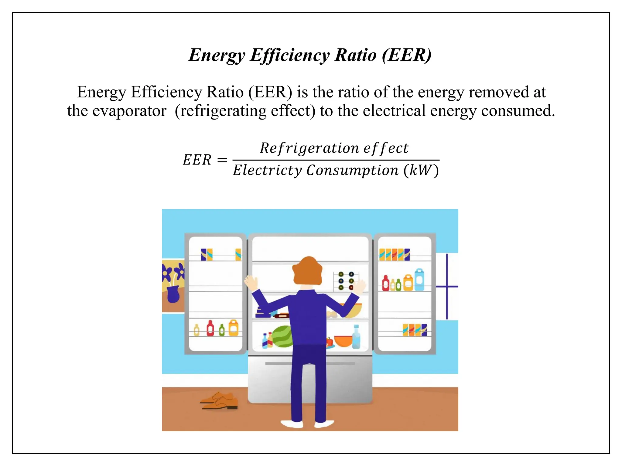 Energy Efficiency Ratio (EER)
Energy Efficiency Ratio (EER) is the ratio of the energy removed at
the evaporator (refrigerating effect) to the electrical energy consumed.
𝐸𝐸𝑅 =
𝑅𝑒𝑓𝑟𝑖𝑔𝑒𝑟𝑎𝑡𝑖𝑜𝑛 𝑒𝑓𝑓𝑒𝑐𝑡
𝐸𝑙𝑒𝑐𝑡𝑟𝑖𝑐𝑡𝑦 𝐶𝑜𝑛𝑠𝑢𝑚𝑝𝑡𝑖𝑜𝑛 (𝑘𝑊)
 