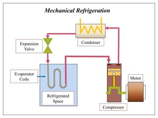 Refrigerated
Space
Compressor
Motor
Condenser
Expansion
Valve
Evaporator
Coils
Mechanical Refrigeration
 