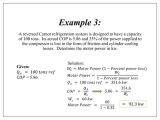 Example 3:
A reversed Carnot refrigeration system is designed to have a capacity
of 100 tons. Its actual COP is 5.86 and 35% of the power supplied to
the compressor is lost in the form of friction and cylinder cooling
losses. Determine the motor power in kw.
Given:
𝑄𝐴 = 100 𝑡𝑜𝑛𝑠 𝑟𝑒𝑓
𝐶𝑂𝑃 = 5.86
Solution:
𝑄𝐴 = 100 𝑡𝑜𝑛𝑠 𝑟𝑒𝑓 = 351.6 𝑘𝑤
𝐶𝑂𝑃 =
𝑄𝐴
𝑊
𝑐
5.86 =
351.6
𝑊
𝑐
𝑊𝑐 = 60 𝑘𝑤
𝑀𝑜𝑡𝑜𝑟 𝑃𝑜𝑤𝑒𝑟 =
60
1 − 0.35
𝑊𝐶 = 𝑀𝑜𝑡𝑜𝑟 𝑃𝑜𝑤𝑒𝑟 (1 − 𝑃𝑒𝑟𝑐𝑒𝑛𝑡 𝑝𝑜𝑤𝑒𝑟 𝑙𝑜𝑠𝑠)
𝑀𝑜𝑡𝑜𝑟 𝑃𝑜𝑤𝑒𝑟 =
𝑊𝐶
1 − 𝑃𝑒𝑟𝑐𝑒𝑛𝑡 𝑝𝑜𝑤𝑒𝑟 𝑙𝑜𝑠𝑠
= 92.3 𝑘𝑤
 