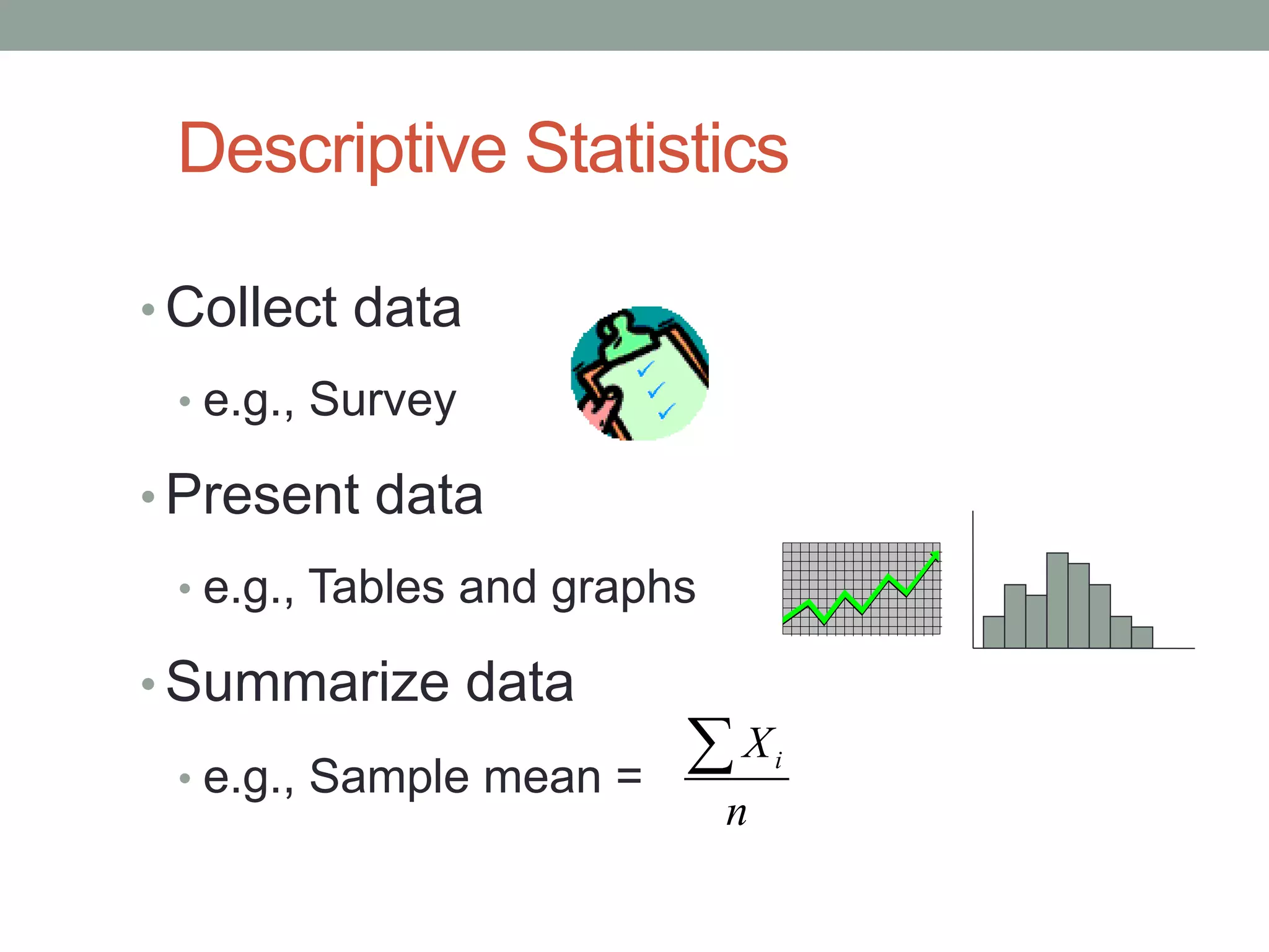 Descriptive Statistics
• Collect data
• e.g., Survey
• Present data
• e.g., Tables and graphs
• Summarize data
• e.g., Sample mean =
iX
n

 