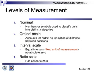 Session 1.16
TEACHING BASIC STATISTICS ….
Levels of Measurement
1. Nominal
 Numbers or symbols used to classify units
into distinct categories
2. Ordinal scale
 Accounts for order; no indication of distance
between positions
3. Interval scale
 Equal intervals (fixed unit of measurement);
no absolute zero
4. Ratio scale
 Has absolute zero
 