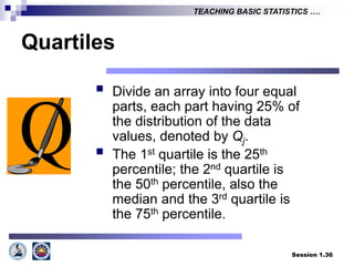 Session 1.36
TEACHING BASIC STATISTICS ….
Quartiles
 Divide an array into four equal
parts, each part having 25% of
the distribution of the data
values, denoted by Qj.
 The 1st quartile is the 25th
percentile; the 2nd quartile is
the 50th percentile, also the
median and the 3rd quartile is
the 75th percentile.
 
