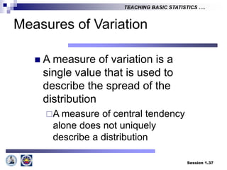 Session 1.37
TEACHING BASIC STATISTICS ….
Measures of Variation
 A measure of variation is a
single value that is used to
describe the spread of the
distribution
A measure of central tendency
alone does not uniquely
describe a distribution
 