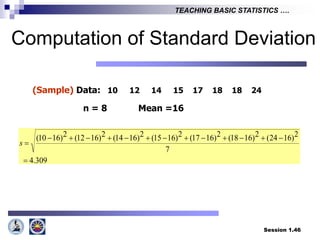 Session 1.46
TEACHING BASIC STATISTICS ….
(Sample) Data: 10 12 14 15 17 18 18 24
n = 8 Mean =16
309
.
4
7
2
)
16
24
(
2
)
16
18
(
2
)
16
17
(
2
)
16
15
(
2
)
16
14
(
2
)
16
12
(
2
)
16
10
(















s
Computation of Standard Deviation
 