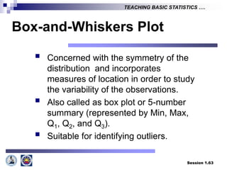 Session 1.63
TEACHING BASIC STATISTICS ….
Box-and-Whiskers Plot
 Concerned with the symmetry of the
distribution and incorporates
measures of location in order to study
the variability of the observations.
 Also called as box plot or 5-number
summary (represented by Min, Max,
Q1, Q2, and Q3).
 Suitable for identifying outliers.
 