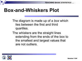 Session 1.64
TEACHING BASIC STATISTICS ….
The diagram is made up of a box which
lies between the first and third
quartiles.
The whiskers are the straight lines
extending from the ends of the box to
the smallest and largest values that
are not outliers.
Box-and-Whiskers Plot
 