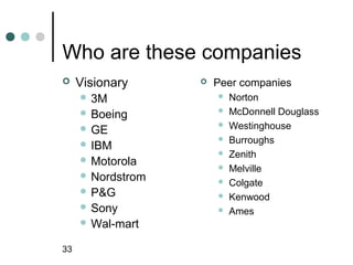 Who are these companies
    Visionary        Peer companies
      3M                 Norton
      Boeing             McDonnell Douglass
      GE                 Westinghouse
      IBM
                          Burroughs
                          Zenith
      Motorola
                          Melville
      Nordstrom
                          Colgate
      P&G                Kenwood
      Sony               Ames
      Wal-mart

33
 