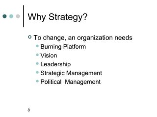 Why Strategy?

   To change, an organization needs
     Burning   Platform
     Vision
     Leadership
     Strategic Management
     Political Management




8
 