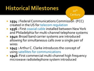Historical Milestones1934 : Federal Communications Commission  (FCC) created in the US for telecom regulation1936 : First coaxial cable installed between New York and Philadelphia for multi-channel telephone systems1940: Broad band carrier systems are introduced allowing for simultaneous calls over a single pair of wires1945 : Arthur C. Clarke introduces the concept of using satellites for communications1946: First commercial multi-channel high frequency microwave radiotelephone system introduced20th Century
