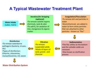 A Typical Wastewater Treatment Plant
Water Intake
(Lakes, rivers)
Aeration/Air Stripping
(optional)
•To remove volatile organic
chemicals, taste & odor
•To add O2 for oxidation of
iron, manganese & organic
matter
Coagulation/Flocculation
•To remove dirt and particles in
water
•Alum/chemicals are added in
water to form sticky particles
that can attached to other
particles – known as “floc”
Sedimentation
•The floc settles to the bottom
and the settable solids are
removed.
•Also known as clarification
process
Filtration
•To remove
suspended solids
•Made of layers of
sand, gravel, and
charcoal
Disinfection
•To remove waterborne
pathogens (bacteria, viruses,
etc)
•Types of disinfection:
Chlorine, chloramine,
monochloramine, UV, ozone
Water Distribution System 4
 