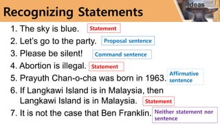 1. The sky is blue.
2. Let’s go to the party.
3. Please be silent!
4. Abortion is illegal.
5. Prayuth Chan-o-cha was born in 1963.
6. If Langkawi Island is in Malaysia, then
Langkawi Island is in Malaysia.
7. It is not the case that Ben Franklin.
Recognizing Statements
Statement
Proposal sentence
Command sentence
Statement
Affirmative
sentence
Statement
Neither statement nor
sentence
 