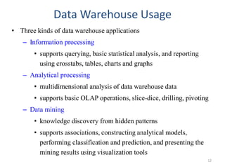 Data Warehouse Usage
• Three kinds of data warehouse applications
– Information processing
• supports querying, basic statistical analysis, and reporting
using crosstabs, tables, charts and graphs
– Analytical processing
• multidimensional analysis of data warehouse data
• supports basic OLAP operations, slice-dice, drilling, pivoting
– Data mining
• knowledge discovery from hidden patterns
• supports associations, constructing analytical models,
performing classification and prediction, and presenting the
mining results using visualization tools
12
 