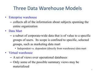 Three Data Warehouse Models
• Enterprise warehouse
– collects all of the information about subjects spanning the
entire organization
• Data Mart
– a subset of corporate-wide data that is of value to a specific
groups of users. Its scope is confined to specific, selected
groups, such as marketing data mart
• Independent vs. dependent (directly from warehouse) data mart
• Virtual warehouse
– A set of views over operational databases
– Only some of the possible summary views may be
materialized
4
 