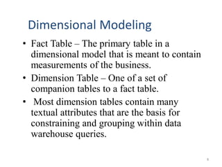 Dimensional Modeling
• Fact Table – The primary table in a
dimensional model that is meant to contain
measurements of the business.
• Dimension Table – One of a set of
companion tables to a fact table.
• Most dimension tables contain many
textual attributes that are the basis for
constraining and grouping within data
warehouse queries.
8
 