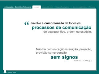 Introdução à Semiótica Peirceana   Introdução   Arquitetura de Peirce   |   Categorias Cenopitagóricas   |   Signo como relação triádica   | Tricotomias




                       “       envolve a compreensão de todos os
                                   processos de comunicação
                                                  de qualquer tipo, ordem ou espécie.




                                       Não há comunicação,interação, projeção,
                                       previsão,compreensão
                                                                sem signos
                                                                                                              (SANTAELLA, 2000, p.4).




   acessar “Notas”
 