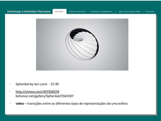 Introdução à Semiótica Peirceana   Introdução   Arquitetura de Peirce   |   Categorias Cenopitagóricas   |   Signo como relação triádica   | Tricotomias




 •
      Spherikal by Ion Lucin - CC BY
 •
      http://vimeo.com/39792837#
      behance.net/gallery/Spherikal/3565597
 •
      video – transições entre os diferentes tipos de representações de uma esfera.
 