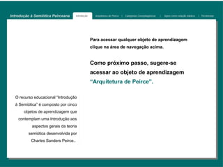 Introdução à Semiótica Peirceana      Introdução     Arquitetura de Peirce   |   Categorias Cenopitagóricas   |   Signo como relação triádica   | Tricotomias




                                                   Para acessar qualquer objeto de aprendizagem
                                                   clique na área de navegação acima.


                                                   Como próximo passo, sugere-se
                                                   acessar ao objeto de aprendizagem
                                                   “Arquitetura de Peirce”.

  O recurso educacional “Introdução
  à Semiótica” é composto por cinco
       objetos de aprendizagem que
    contemplam uma Introdução aos
           aspectos gerais da teoria
         semiótica desenvolvida por
           Charles Sanders Peirce..
 