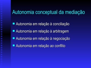Autonomia conceptual da mediação Autonomia em relação à conciliação Autonomia em relação à arbitragem Autonomia em relação à negociação Autonomia em relação ao conflito 