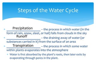  _____________________ – the process in which water (in the
form of rain, snow, sleet, or hail) falls from clouds in the sky
 _____________________ – the draining away of water (or
substances carried in it) from the surface of an area
 _____________________ – the process in which some water
within plants evaporates into the atmosphere
 Water is first absorbed by the plant's roots, then later exits by
evaporating through pores in the plant.
Steps of the Water Cycle
Precipitation
Runoff
Transpiration
 