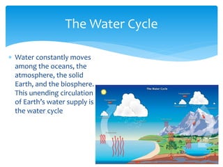  Water constantly moves
among the oceans, the
atmosphere, the solid
Earth, and the biosphere.
This unending circulation
of Earth’s water supply is
the water cycle
The Water Cycle
 