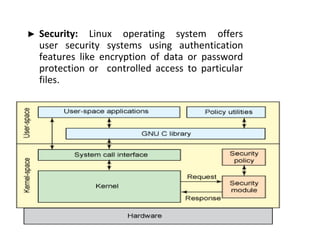 ► Security: Linux operating system offers
user security systems using authentication
features like encryption of data or password
protection or controlled access to particular
files.
 
