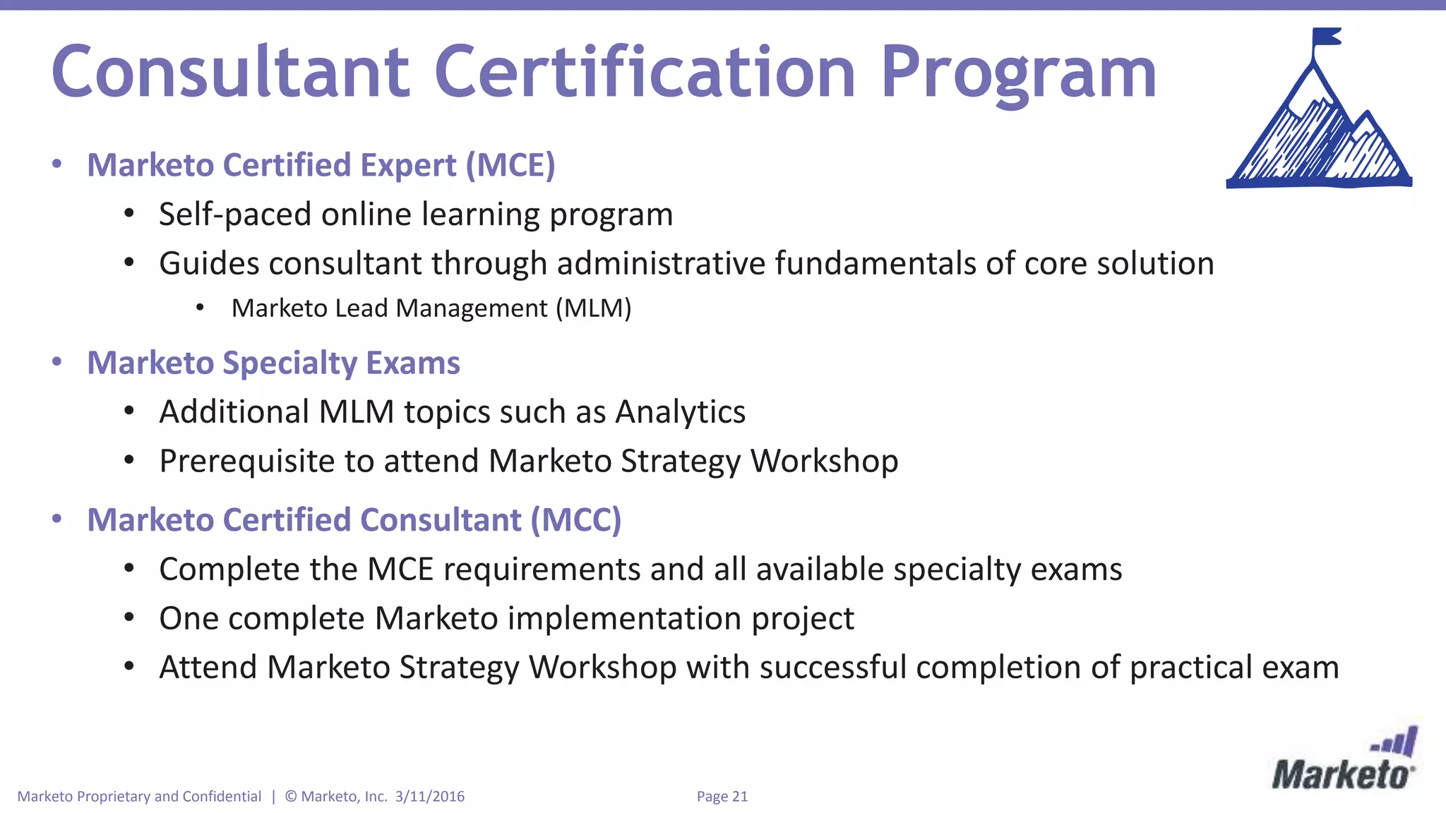 Page 21Marketo Proprietary and Confidential | © Marketo, Inc. 3/11/2016
Consultant Certification Program
• Marketo Certified Expert (MCE)
• Self-paced online learning program
• Guides consultant through administrative fundamentals of core solution
• Marketo Lead Management (MLM)
• Marketo Specialty Exams
• Additional MLM topics such as Analytics
• Prerequisite to attend Marketo Strategy Workshop
• Marketo Certified Consultant (MCC)
• Complete the MCE requirements and all available specialty exams
• One complete Marketo implementation project
• Attend Marketo Strategy Workshop with successful completion of practical exam
 
