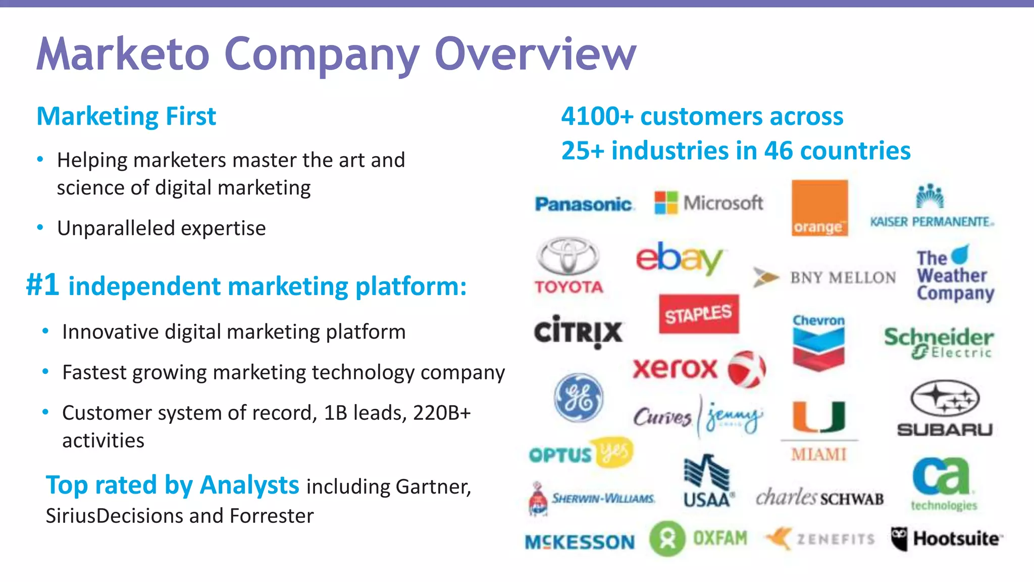 Marketo Company Overview
#1 independent marketing platform:
• Innovative digital marketing platform
• Fastest growing marketing technology company
• Customer system of record, 1B leads, 220B+
activities
Top rated by Analysts including Gartner,
SiriusDecisions and Forrester
Marketing First
• Helping marketers master the art and
science of digital marketing
• Unparalleled expertise
4100+ customers across
25+ industries in 46 countries
 