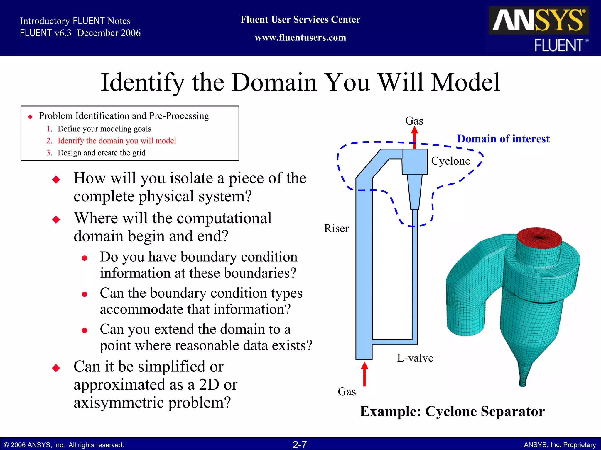 2-7© 2006 ANSYS, Inc. All rights reserved. ANSYS, Inc. Proprietary
Fluent User Services Center
www.fluentusers.com
Introductory FLUENT Notes
FLUENT v6.3 December 2006
Identify the Domain You Will Model
How will you isolate a piece of the
complete physical system?
Where will the computational
domain begin and end?
Do you have boundary condition
information at these boundaries?
Can the boundary condition types
accommodate that information?
Can you extend the domain to a
point where reasonable data exists?
Can it be simplified or
approximated as a 2D or
axisymmetric problem?
Example: Cyclone Separator
Problem Identification and Pre-Processing
1. Define your modeling goals
2. Identify the domain you will model
3. Design and create the grid
Gas
Riser
Cyclone
L-valve
Gas
Domain of interest
 