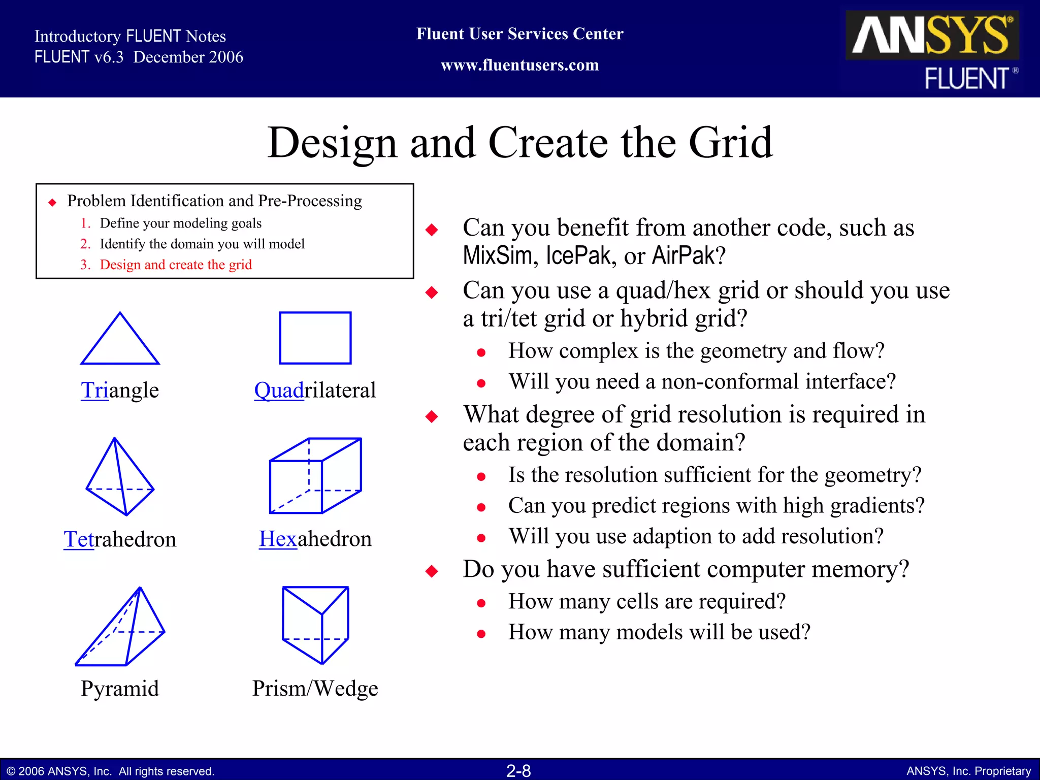 2-8© 2006 ANSYS, Inc. All rights reserved. ANSYS, Inc. Proprietary
Fluent User Services Center
www.fluentusers.com
Introductory FLUENT Notes
FLUENT v6.3 December 2006
Design and Create the Grid
Triangle Quadrilateral
Pyramid Prism/Wedge
Tetrahedron Hexahedron
Problem Identification and Pre-Processing
1. Define your modeling goals
2. Identify the domain you will model
3. Design and create the grid
Can you benefit from another code, such as
MixSim, IcePak, or AirPak?
Can you use a quad/hex grid or should you use
a tri/tet grid or hybrid grid?
How complex is the geometry and flow?
Will you need a non-conformal interface?
What degree of grid resolution is required in
each region of the domain?
Is the resolution sufficient for the geometry?
Can you predict regions with high gradients?
Will you use adaption to add resolution?
Do you have sufficient computer memory?
How many cells are required?
How many models will be used?
 