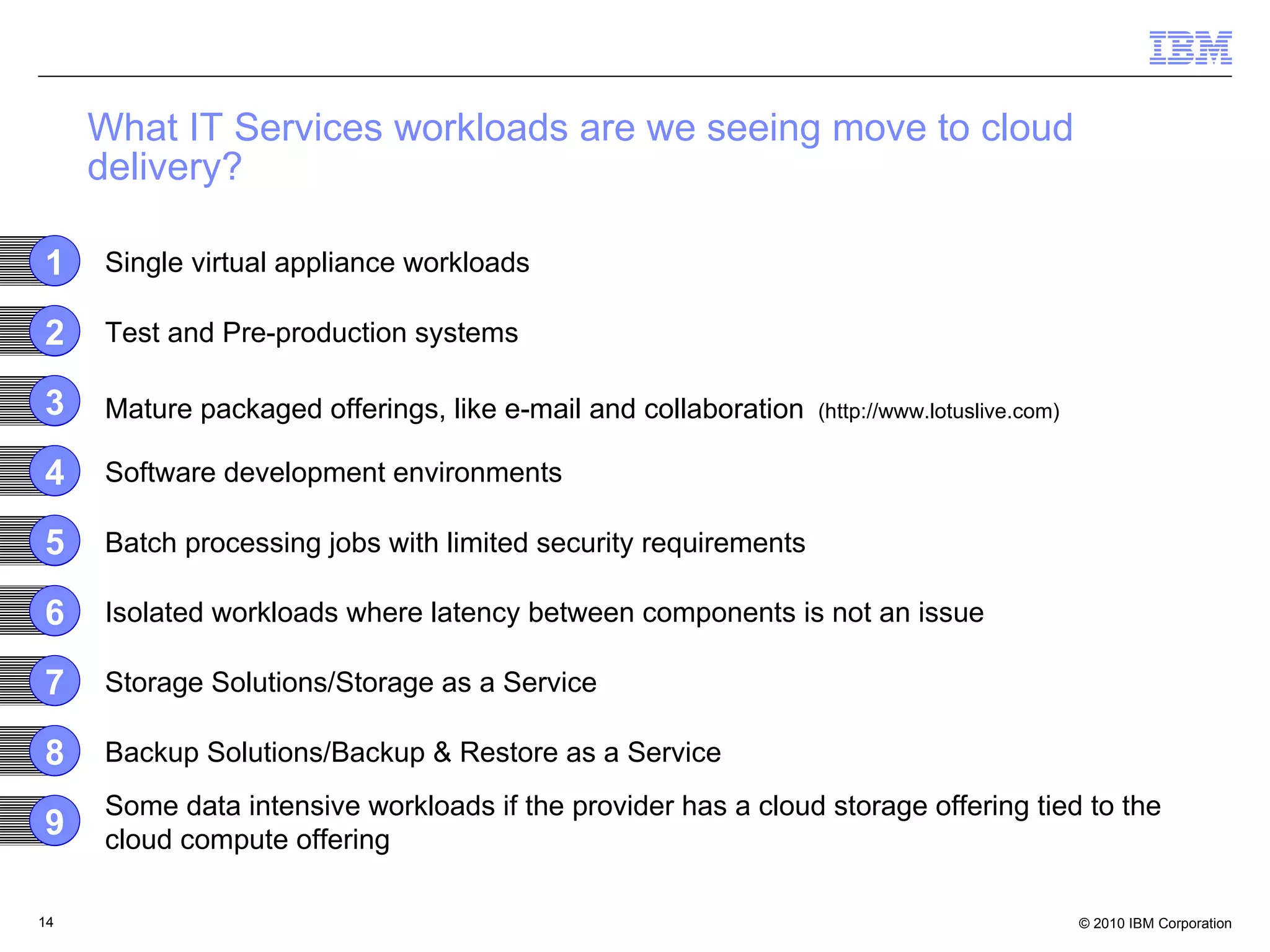 What IT Services workloads are we seeing move to cloud delivery? Single virtual appliance workloads Test and Pre-production systems Mature packaged offerings, like e-mail and collaboration  (http://www.lotuslive.com) Software development environments Batch processing jobs with limited security requirements Isolated workloads where latency between components is not an issue Storage Solutions/Storage as a Service Backup Solutions/Backup & Restore as a Service Some data intensive workloads if the provider has a cloud storage offering tied to the cloud compute offering 1 2 3 4 5 6 7 8 9 