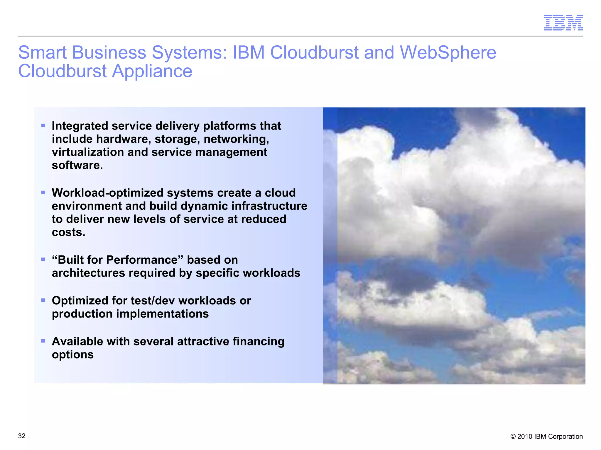 Smart Business Systems: IBM Cloudburst and WebSphere Cloudburst Appliance Integrated service delivery platforms that include hardware, storage, networking, virtualization and service management software.  Workload-optimized systems create a cloud environment and build dynamic infrastructure to deliver new levels of service at reduced costs. “ Built for Performance” based on architectures required by specific workloads Optimized for test/dev workloads or production implementations Available with several attractive financing options 