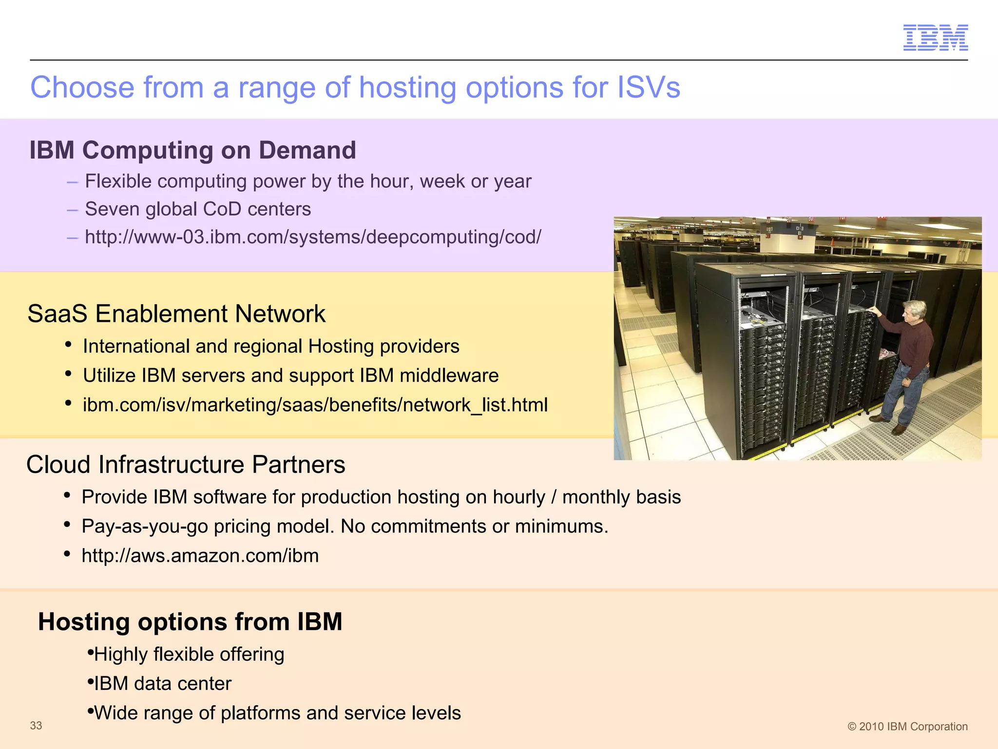 Choose from a range of hosting options for ISVs IBM Computing on Demand Flexible computing power by the hour, week or year Seven global CoD centers http://www-03.ibm.com/systems/deepcomputing/cod/ SaaS Enablement Network International and regional Hosting providers Utilize IBM servers and support IBM middleware ibm.com/isv/marketing/saas/benefits/network_list.html Cloud Infrastructure Partners Provide IBM software for production hosting on hourly / monthly basis Pay-as-you-go pricing model. No commitments or minimums. http://aws.amazon.com/ibm Hosting options from IBM  Highly flexible offering  IBM data center Wide range of platforms and service levels  