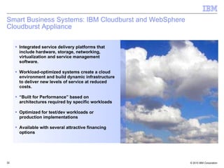 Smart Business Systems: IBM Cloudburst and WebSphere Cloudburst Appliance Integrated service delivery platforms that include hardware, storage, networking, virtualization and service management software.  Workload-optimized systems create a cloud environment and build dynamic infrastructure to deliver new levels of service at reduced costs. “ Built for Performance” based on architectures required by specific workloads Optimized for test/dev workloads or production implementations Available with several attractive financing options 