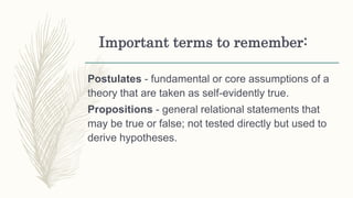 Postulates - fundamental or core assumptions of a
theory that are taken as self-evidently true.
Propositions - general relational statements that
may be true or false; not tested directly but used to
derive hypotheses.
Important terms to remember:
 