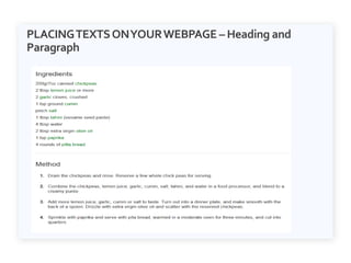PLACINGTEXTSONYOURWEBPAGE – Heading and
Paragraph
 