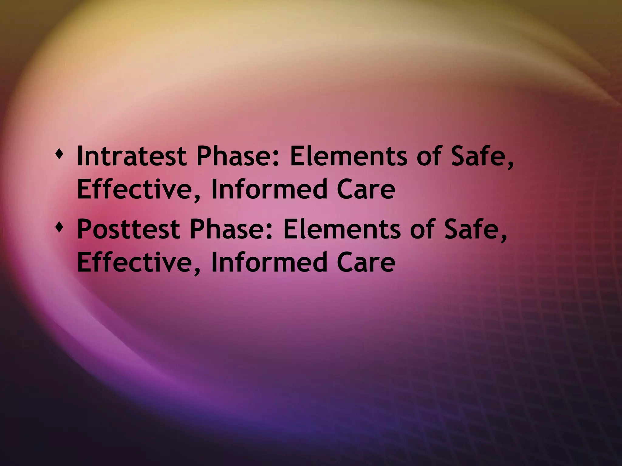 Intratest Phase: Elements of Safe, Effective, Informed Care Posttest Phase: Elements of Safe, Effective, Informed Care 