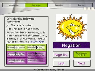 Consider the following statements: p :  The sun is a star. ~ p : The sun is not a star. When the first statement,  p , is true, the second statement, ~p, is false, and vice versa.  We can represent this in a  truth table . Graphic Page list Negation This is where the symbol that represents your first statement will go. This is where the symbol that represents your second statement will go. Since the first entry is true, the second entry is false. Since we are looking at the  negation  of the statement, here we need the  opposite  of the previous column p T F ~p F T By convention this first entry is usually TRUE. Introduction Instruction Examples Practice This is page  5 of 13 Last Next 