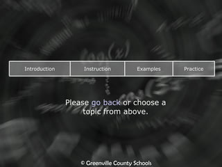 Please  go back  or choose a topic from above. Introduction Instruction Examples Practice 