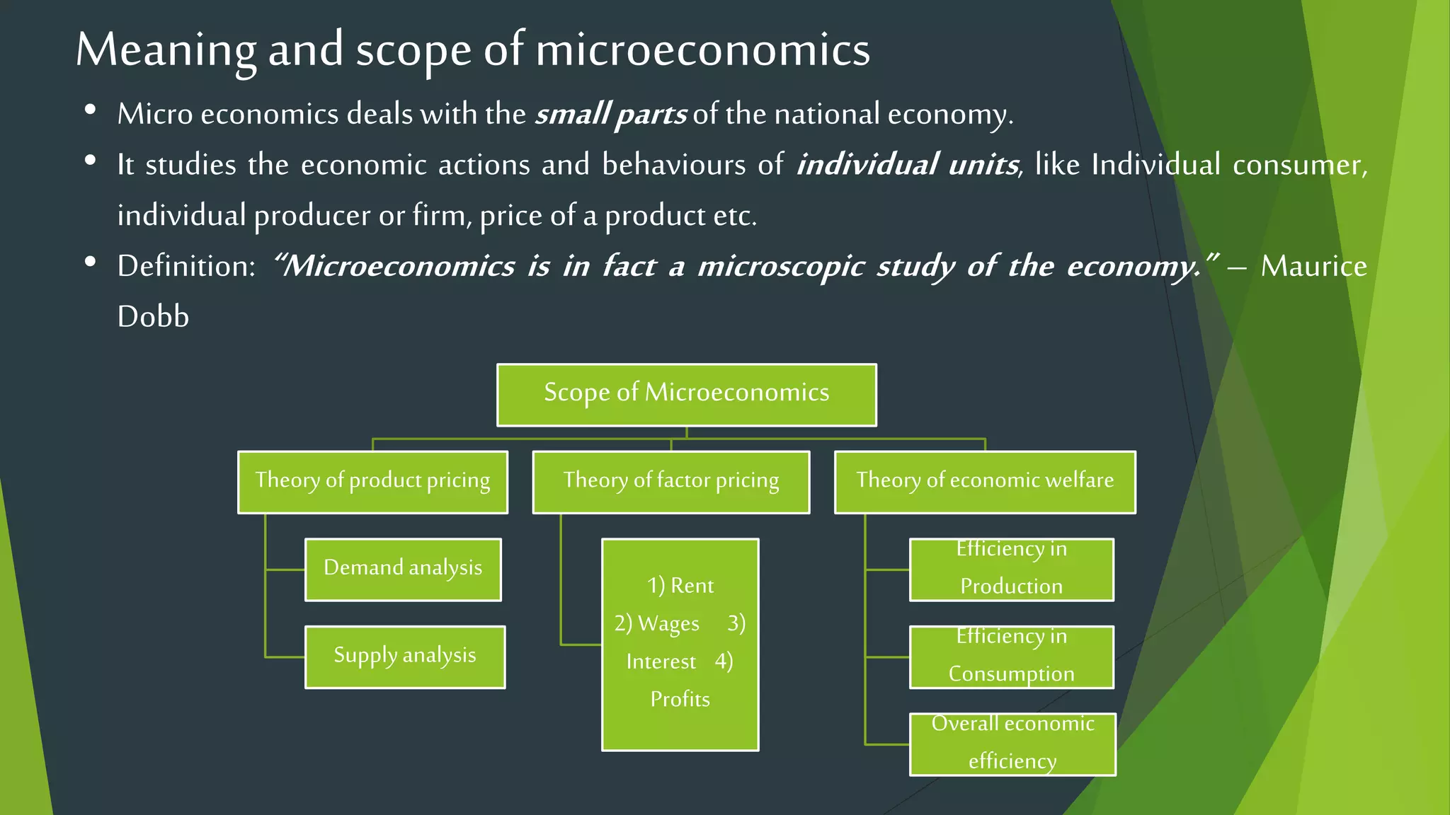 Meaningand scopeof microeconomics
• Micro economics deals with the small partsof the nationaleconomy.
• It studies the economic actions and behaviours of individual units, like Individual consumer,
individual producer or firm, price of a product etc.
• Definition: “Microeconomics is in fact a microscopic study of the economy.” – Maurice
Dobb
Scopeof Microeconomics
Theory ofproductpricing
Demandanalysis
Supplyanalysis
Theory offactorpricing
1) Rent
2) Wages 3)
Interest 4)
Profits
Theory ofeconomicwelfare
Efficiencyin
Production
Efficiencyin
Consumption
Overall economic
efficiency
 