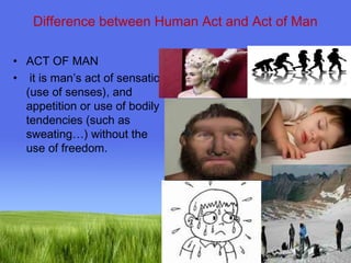 Difference between Human Act and Act of Man 
Page 12 
• ACT OF MAN 
• it is man’s act of sensation 
(use of senses), and 
appetition or use of bodily 
tendencies (such as 
sweating…) without the 
use of freedom. 
 