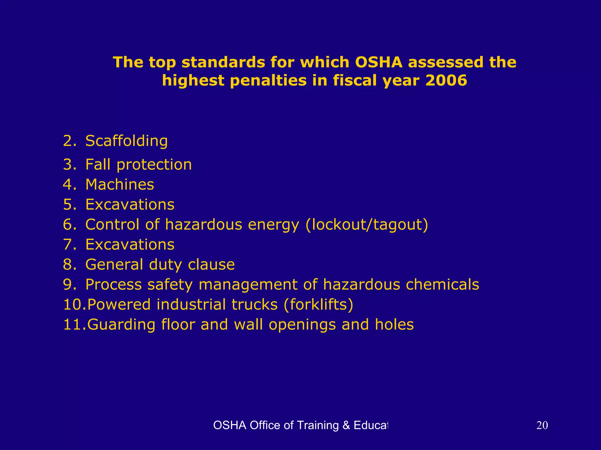 The top standards for which OSHA assessed the highest penalties in fiscal year 2006 Scaffolding Fall protection Machines Excavations Control of hazardous energy (lockout/tagout) Excavations General duty clause  Process safety management of hazardous chemicals Powered industrial trucks (forklifts) Guarding floor and wall openings and holes 
