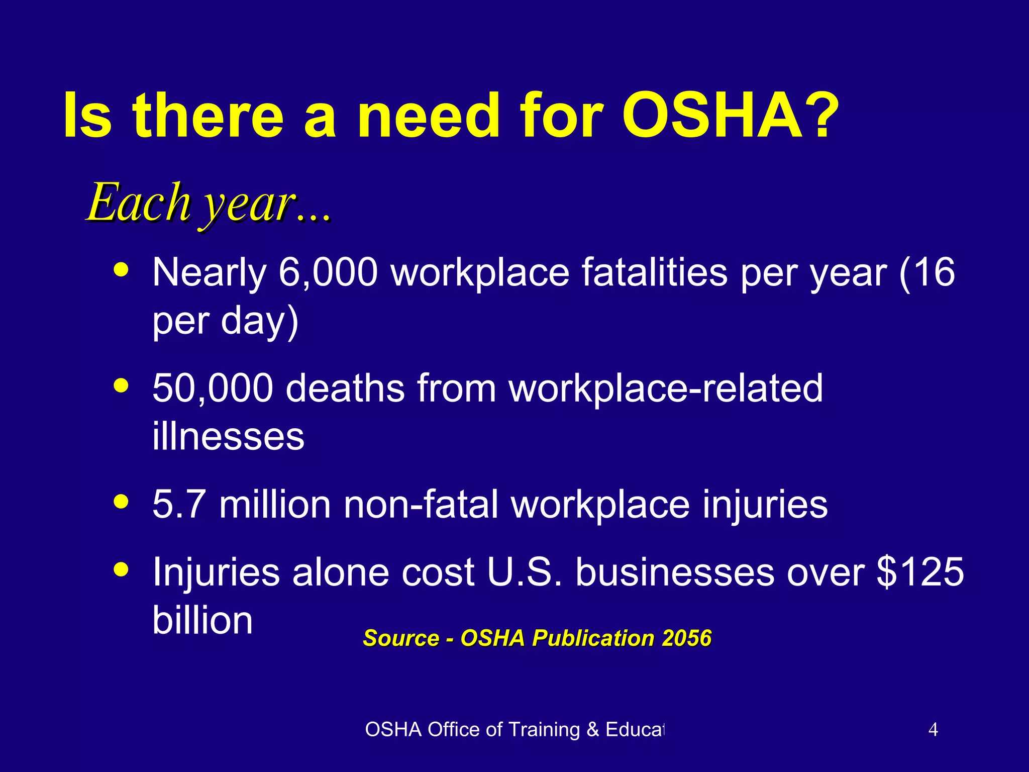 Is there a need for OSHA? Nearly 6,000 workplace fatalities per year (16 per day) 50,000 deaths from workplace-related illnesses  5.7 million non-fatal workplace injuries Injuries alone cost U.S. businesses over $125 billion Each year... Source - OSHA Publication 2056 