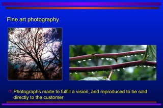 Fine art photography




   Photographs made to fulfill a vision, and reproduced to be sold
    directly to the customer
 