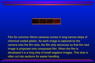    Film for common 35mm cameras comes in long narrow strips of
    chemical coated plastic. As each image is captured by the
    camera onto the film strip, the film strip advances so that the next
    image is projected onto unexposed film. When the film is
    developed it is a long strip of small negative images. This strip is
    often cut into sections for easier handling
 