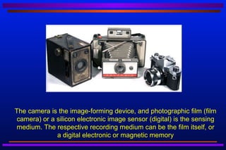 The camera is the image-forming device, and photographic film (film
 camera) or a silicon electronic image sensor (digital) is the sensing
 medium. The respective recording medium can be the film itself, or
              a digital electronic or magnetic memory
 