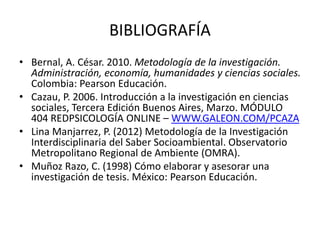 BIBLIOGRAFÍA
• Bernal, A. César. 2010. Metodología de la investigación.
Administración, economía, humanidades y ciencias sociales.
Colombia: Pearson Educación.
• Cazau, P. 2006. Introducción a la investigación en ciencias
sociales, Tercera Edición Buenos Aires, Marzo. MÓDULO
404 REDPSICOLOGÍA ONLINE – WWW.GALEON.COM/PCAZA
• Lina Manjarrez, P. (2012) Metodología de la Investigación
Interdisciplinaria del Saber Socioambiental. Observatorio
Metropolitano Regional de Ambiente (OMRA).
• Muñoz Razo, C. (1998) Cómo elaborar y asesorar una
investigación de tesis. México: Pearson Educación.
 