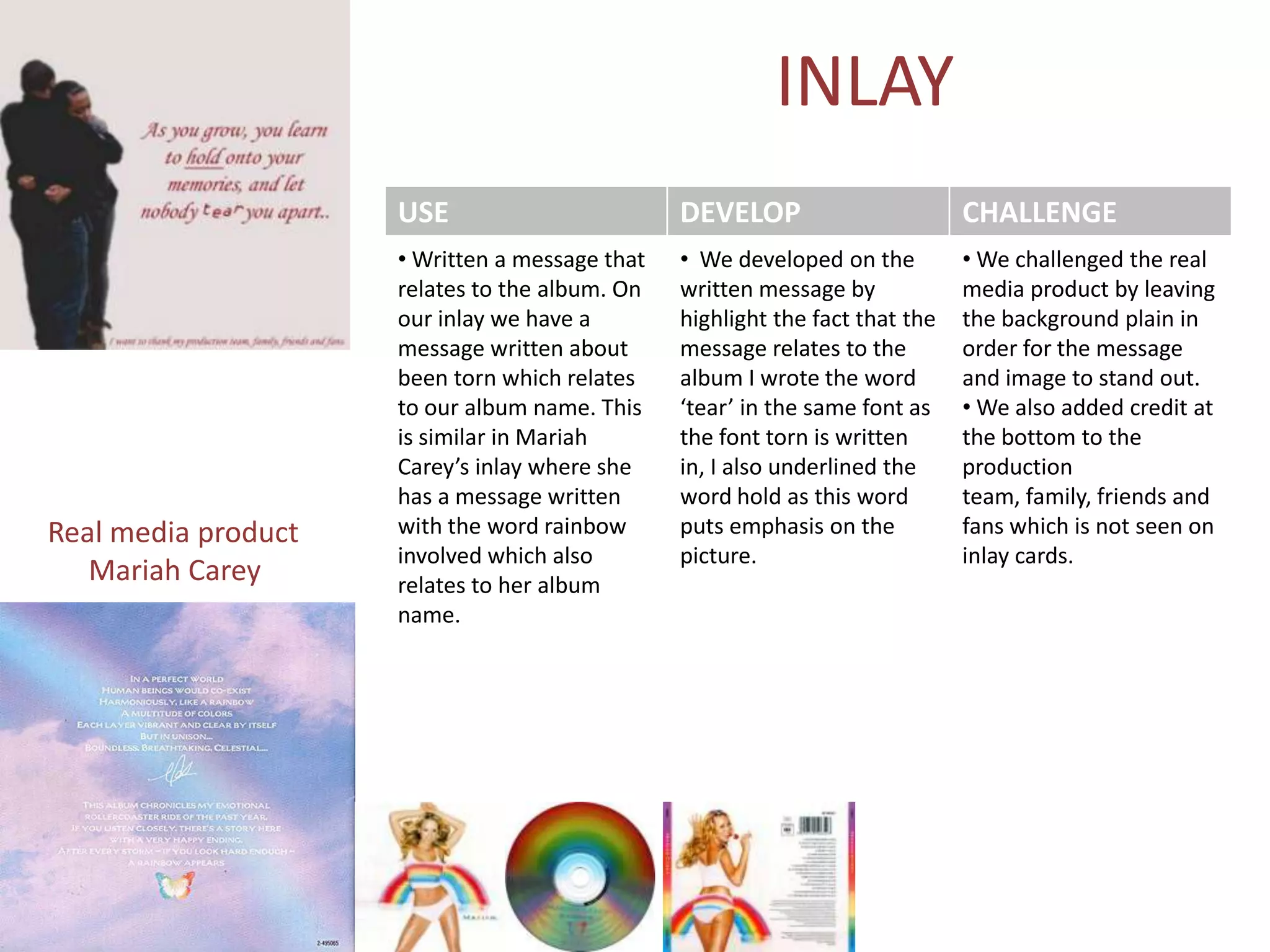 INLAY
                     USE                        DEVELOP                       CHALLENGE
                     • Written a message that   • We developed on the         • We challenged the real
                     relates to the album. On   written message by            media product by leaving
                     our inlay we have a        highlight the fact that the   the background plain in
                     message written about      message relates to the        order for the message
                     been torn which relates    album I wrote the word        and image to stand out.
                     to our album name. This    ‘tear’ in the same font as    • We also added credit at
                     is similar in Mariah       the font torn is written      the bottom to the
                     Carey’s inlay where she    in, I also underlined the     production
                     has a message written      word hold as this word        team, family, friends and
Real media product   with the word rainbow      puts emphasis on the          fans which is not seen on
                     involved which also        picture.                      inlay cards.
   Mariah Carey      relates to her album
                     name.
 